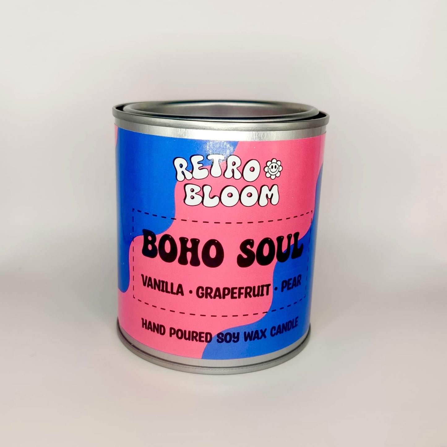 Boho Soul candle in pink and navy tin – grapefruit, pear & vanilla soy wax candle by Retro Bloom