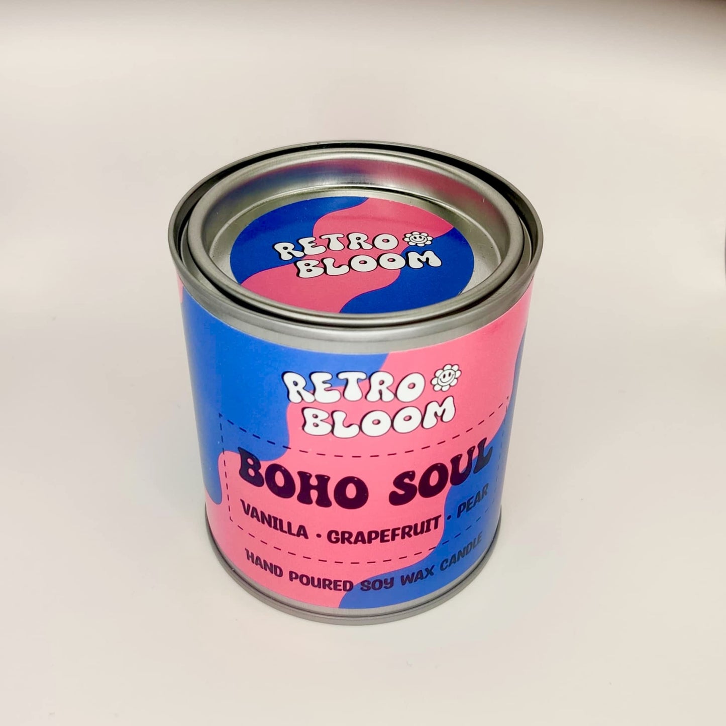 Boho Soul candle in pink and navy tin – grapefruit, pear & vanilla soy wax candle by Retro Bloom