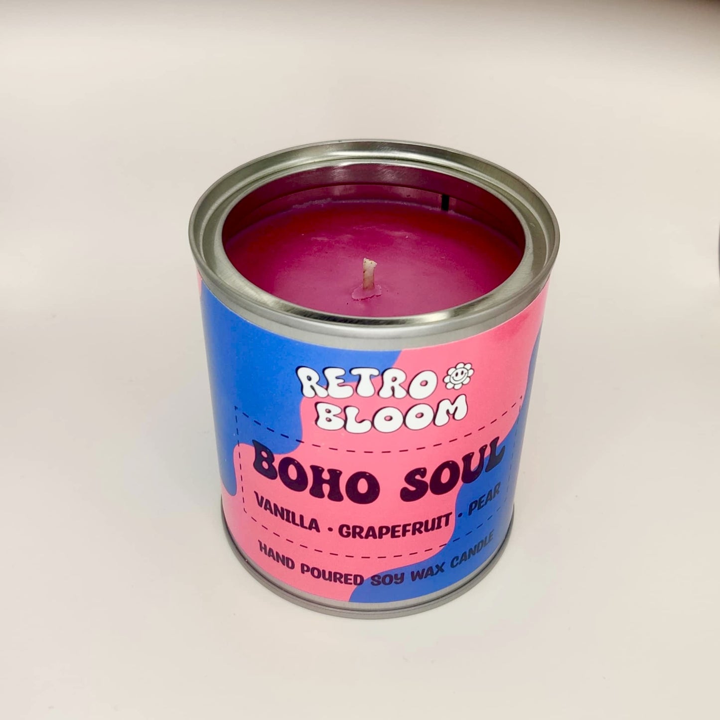 Boho Soul candle in pink and navy tin – grapefruit, pear & vanilla soy wax candle by Retro Bloom