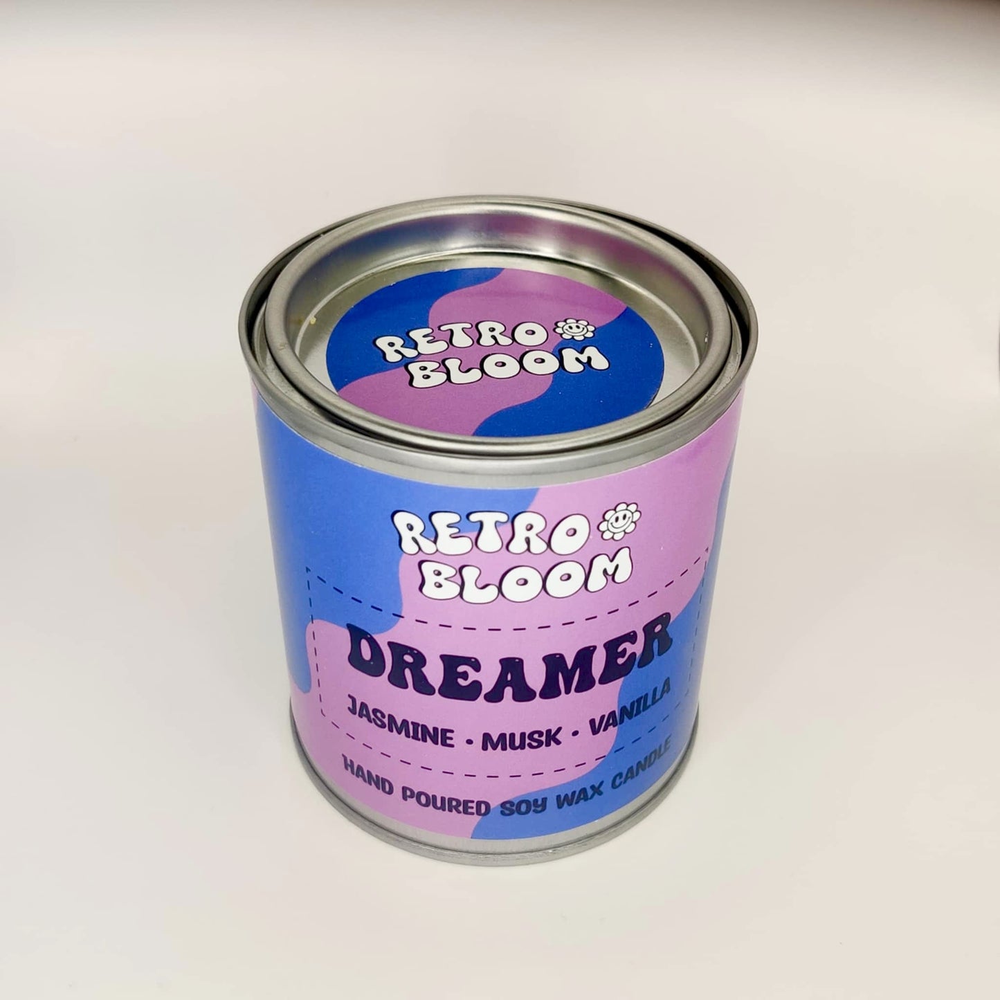 Dreamer candle in lilac tin – jasmine, vanilla & musk soy wax candle, hand-poured by Retro Bloom