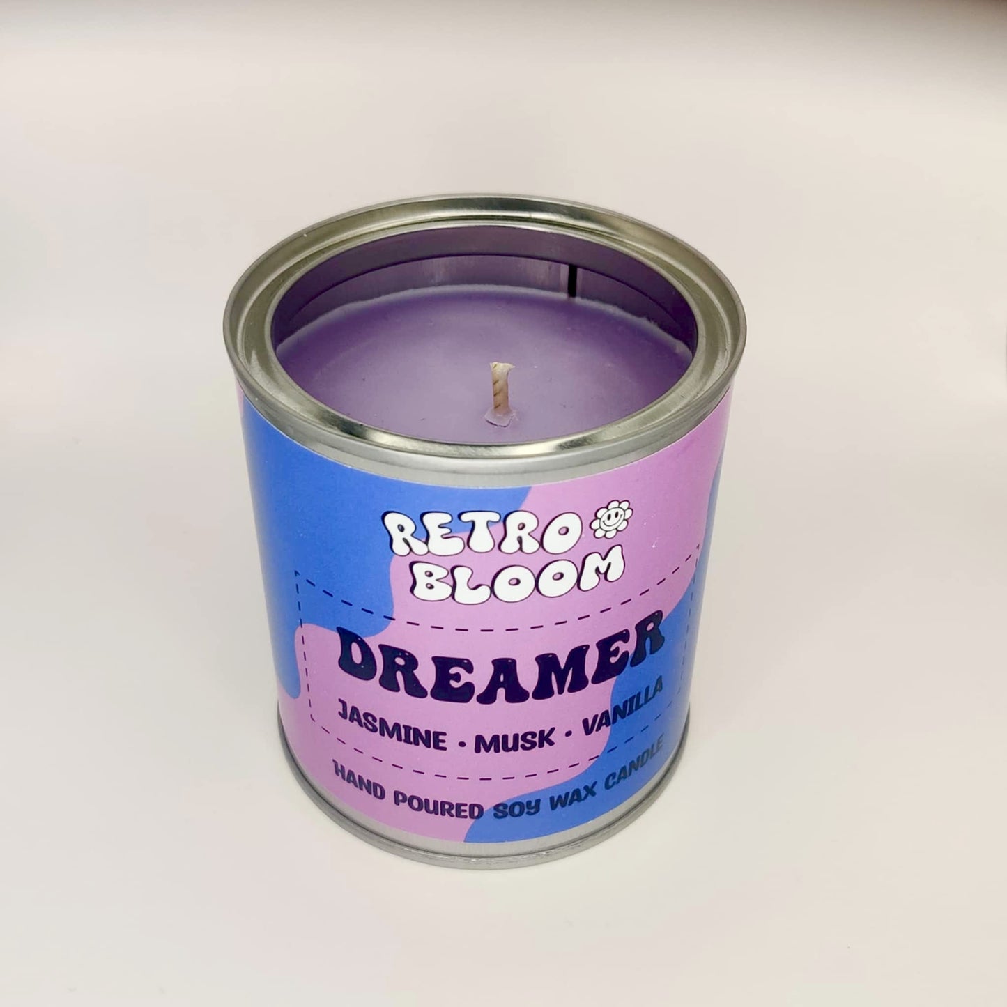 Dreamer candle in lilac tin – jasmine, vanilla & musk soy wax candle, hand-poured by Retro Bloom