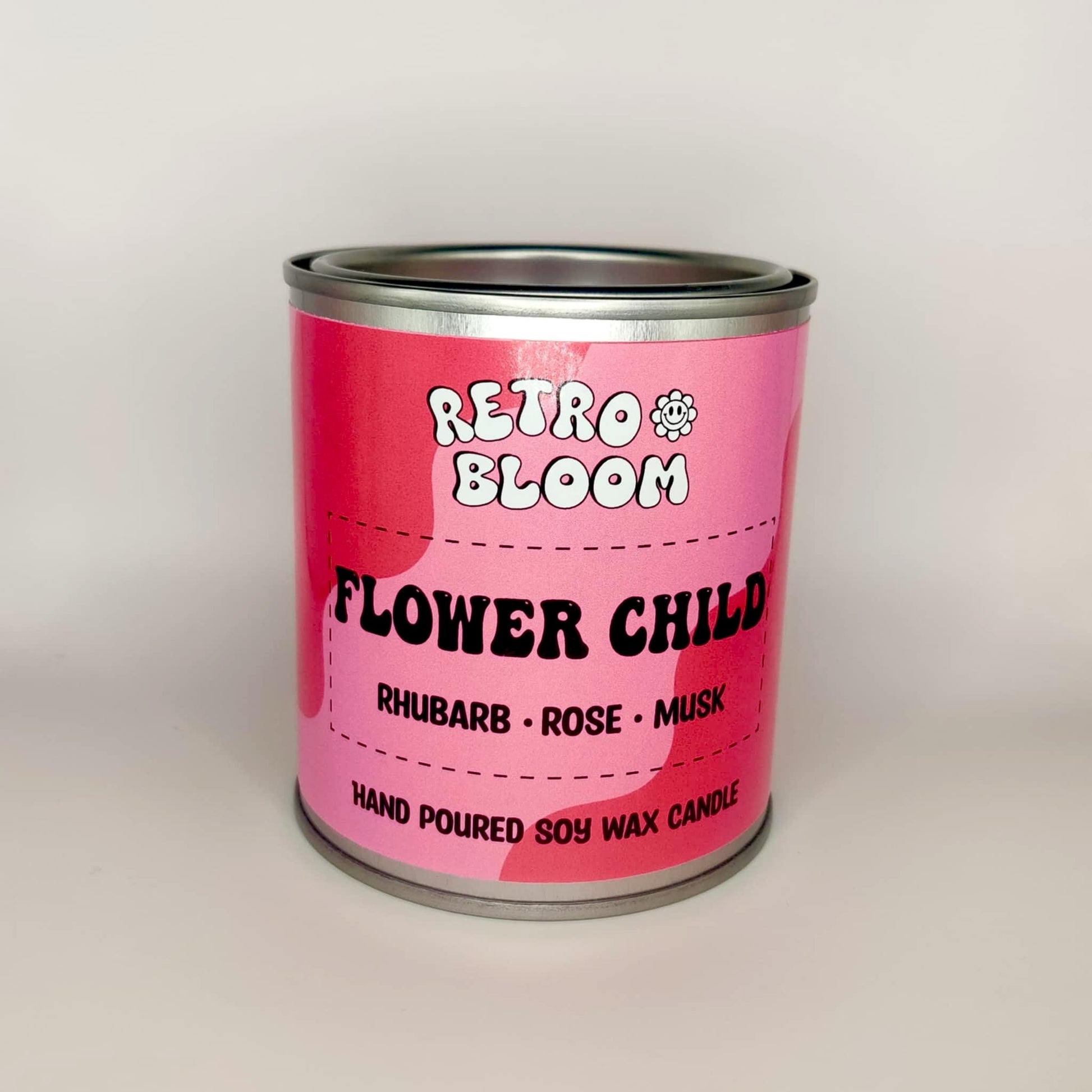 Flower Child candle in pink retro tin – rose, rhubarb, and vanilla vegan soy candle by Retro Bloom