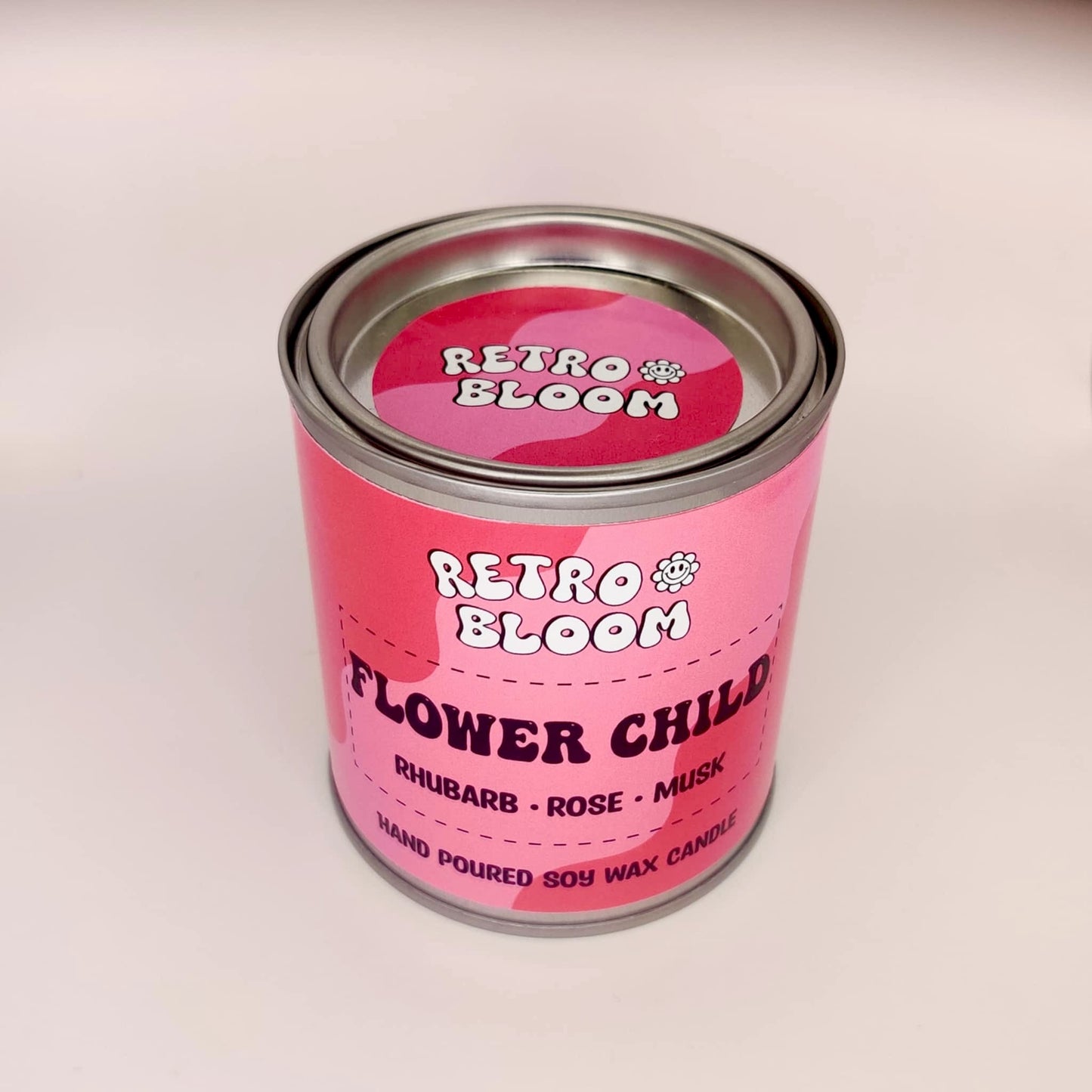 Flower Child candle in pink retro tin – rose, rhubarb, and vanilla vegan soy candle by Retro Bloom