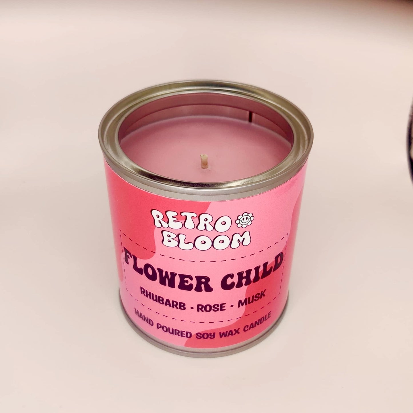 Flower Child candle in pink retro tin – rose, rhubarb, and vanilla vegan soy candle by Retro Bloom
