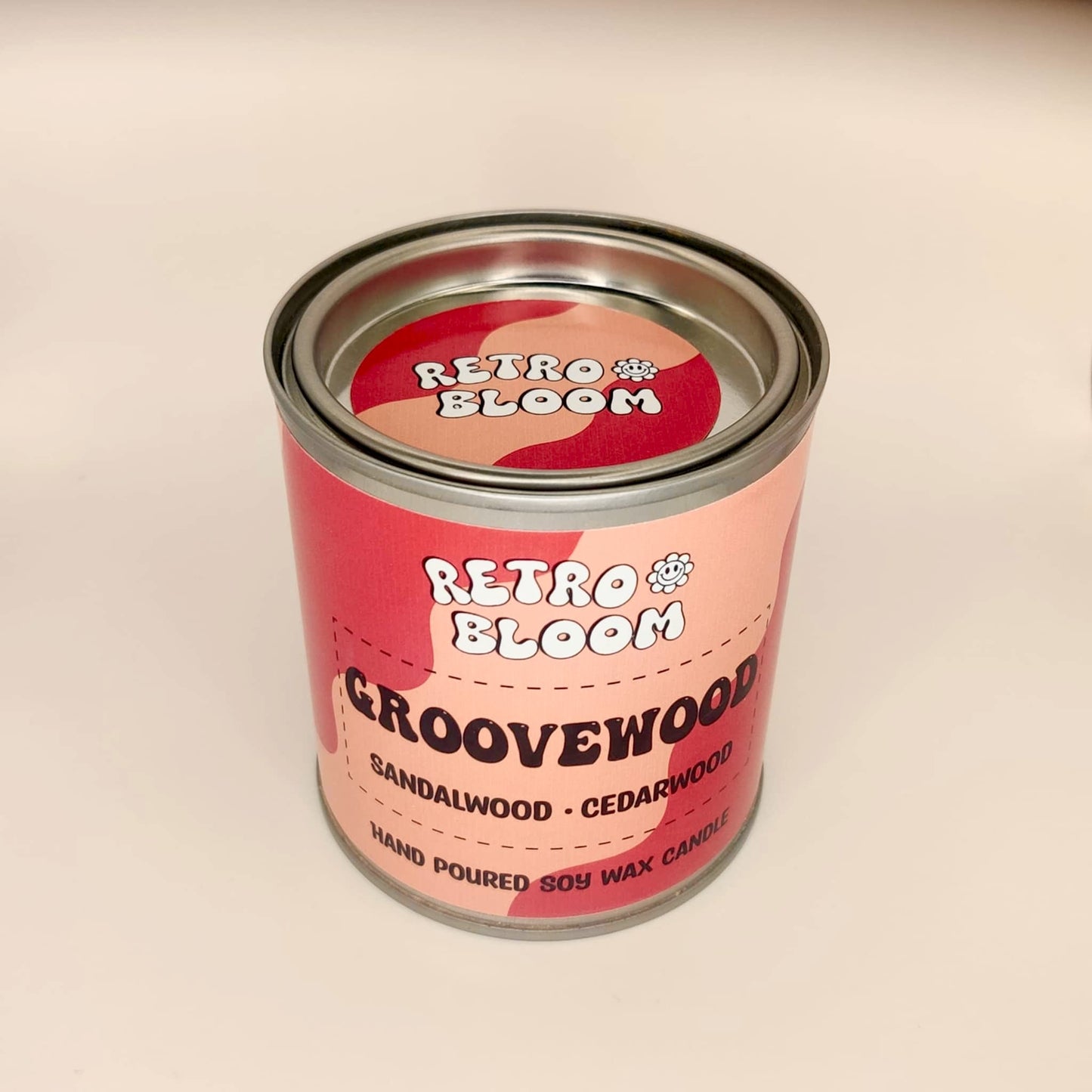 Groovewood candle in forest-green tin – sandalwood and cedarwood vegan soy wax candle by Retro Bloom