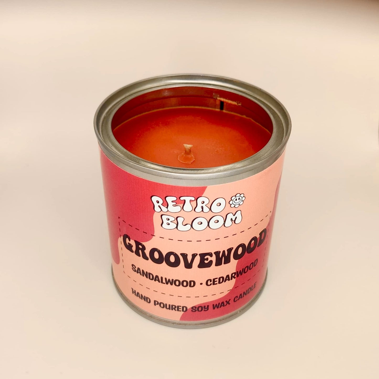Groovewood candle in forest-green tin – sandalwood and cedarwood vegan soy wax candle by Retro Bloom
