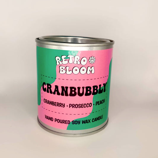 Cranbubbly candle in festive red tin – cranberry, prosecco, apple & musk soy wax candle by Retro Bloom