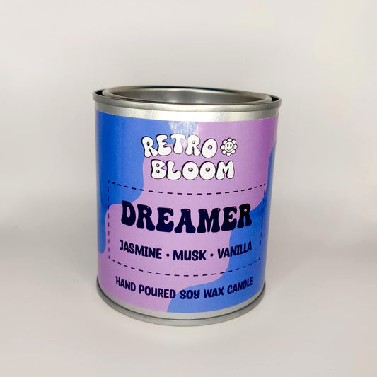 Dreamer candle in lilac tin – jasmine, vanilla & musk soy wax candle, hand-poured by Retro Bloom