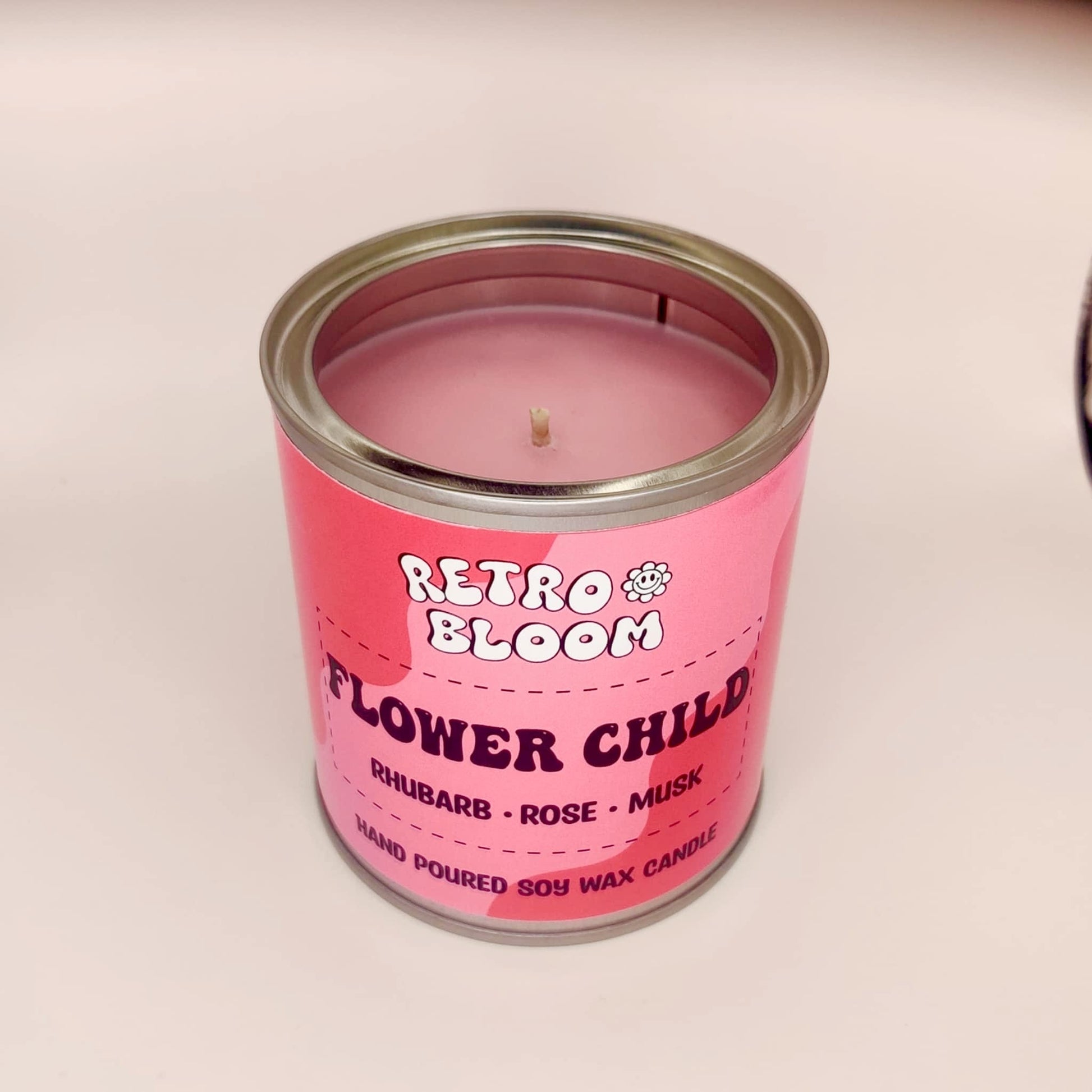 Flower Child candle in pink retro tin – rose, rhubarb, and vanilla vegan soy candle by Retro Bloom
