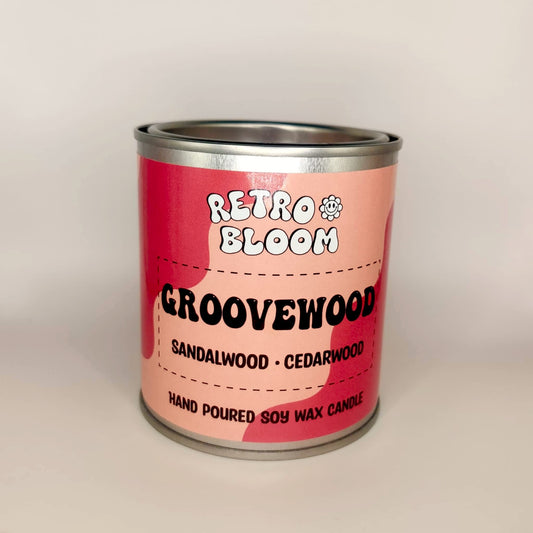 Groovewood candle in forest-green tin – sandalwood and cedarwood vegan soy wax candle by Retro Bloom