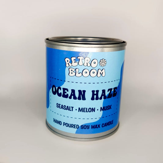 Ocean Haze candle in blue tin – fresh aquatic scented vegan soy wax candle by Retro Bloom