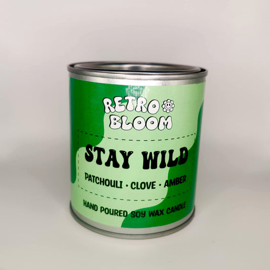 Stay Wild candle in bright tin – patchouli clove and amber vegan soy wax candle by Retro Bloom