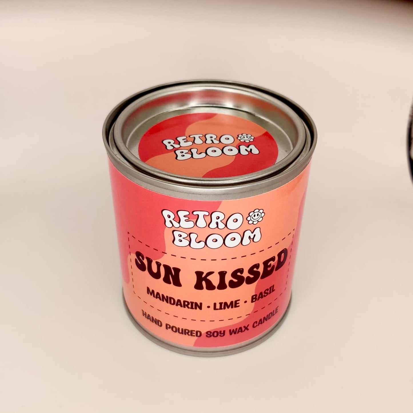 Sun Kissed candle in citrus tin – lime, bergamot, mandarin & patchouli soy wax candle by Retro Bloom