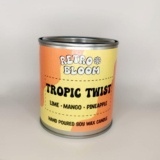 Retro Bloom Tropic Twist candle in bright tin – lime, mango, pineapple soy wax candle with zesty tropical scent